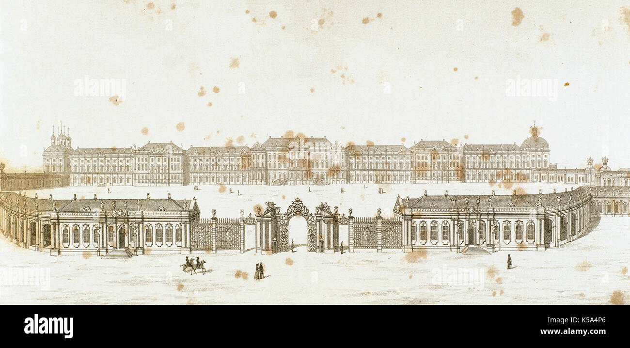 Tsarkoye Selo était la ville contenant une ancienne résidence russe de la famille impériale et la visite de la noblesse. Le Palais de Catherine, connue jusqu'en 1910 comme le Grand Palais. La Russie. Gravure, 19ème siècle. Banque D'Images