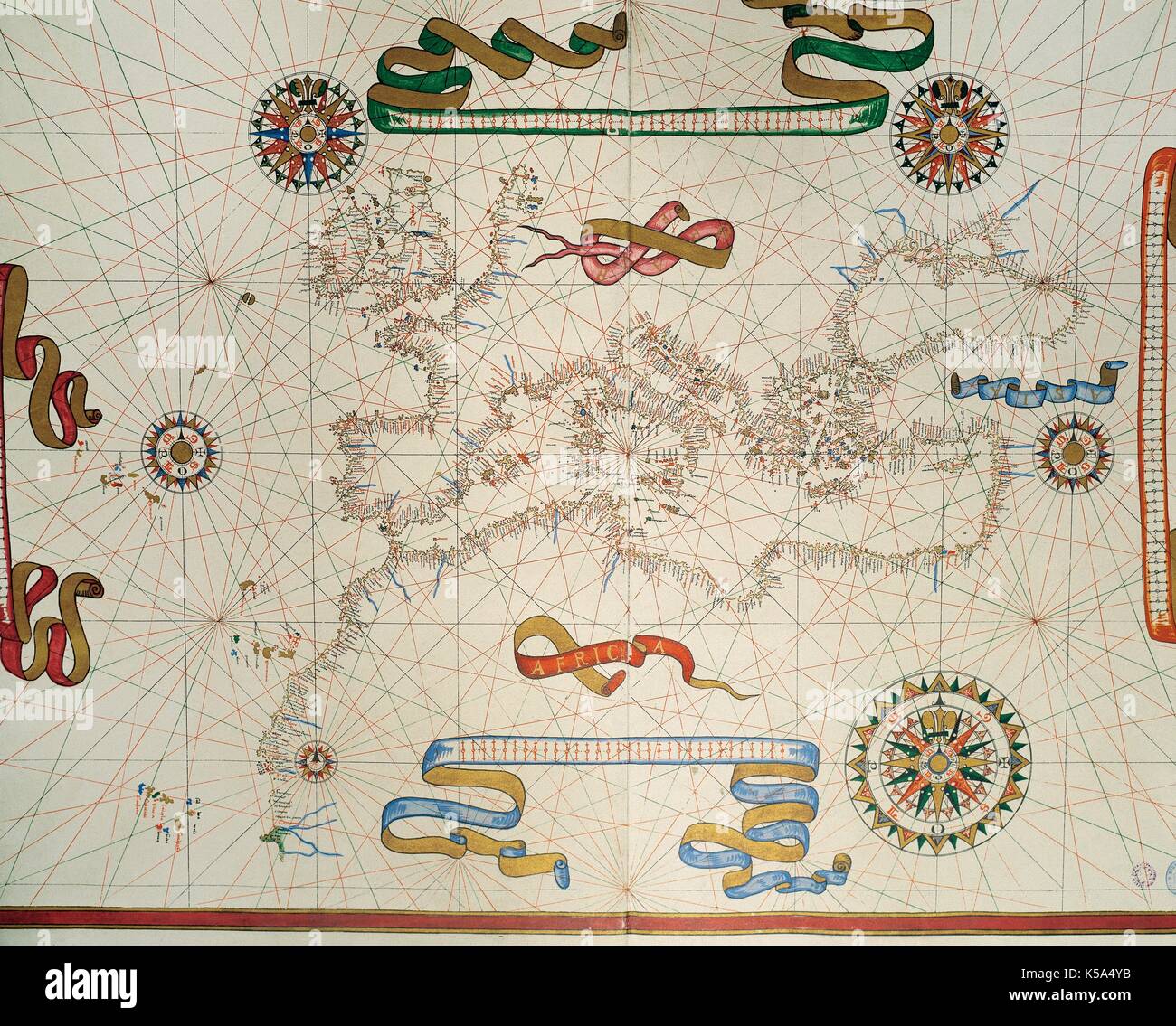 La carte de l'Europe du Sud, la côte du nord de l'Afrique et les Canaries. Lettre nautique par Joan Martines. Messine, Sicile, 1587. Banque D'Images