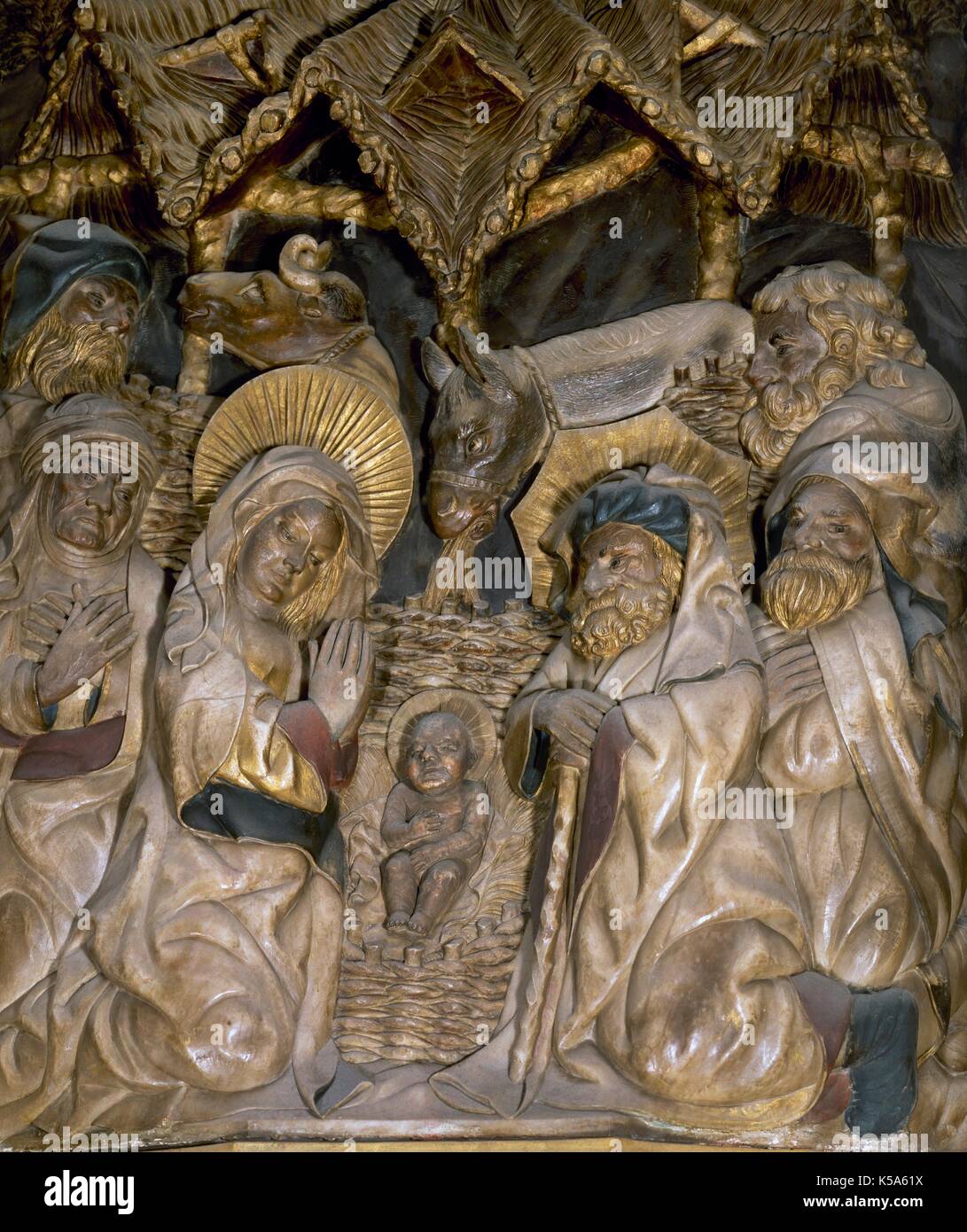 L'art gothique du 15ème siècle. Pere Johan (1396-1458), 'La Nativité', Vierge Marie avec l'Enfant Jésus. Détail de la cathédrale de de retable de Tarragone (Catalogne, Espagne). L'albâtre polychrome. Banque D'Images