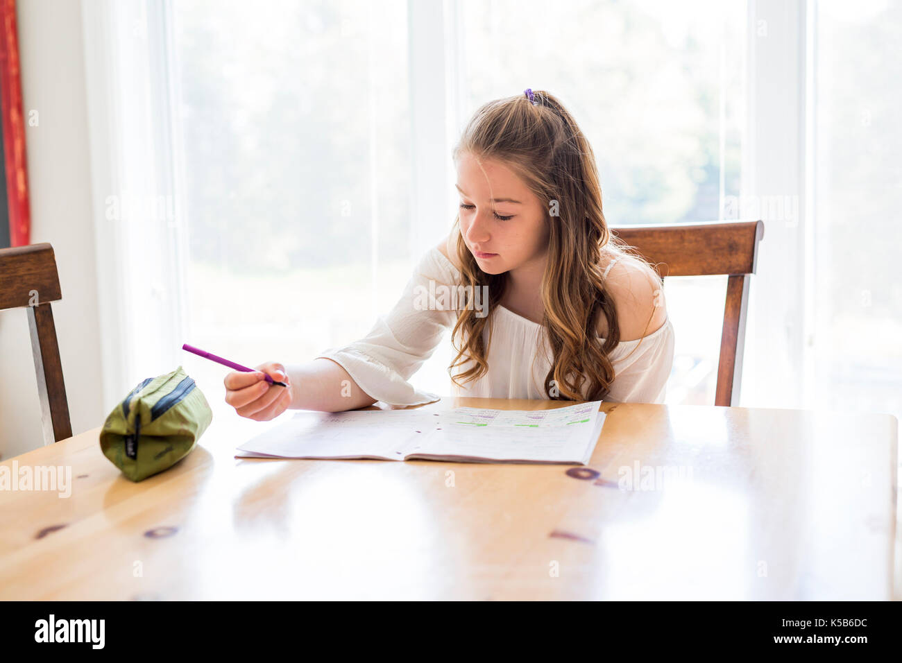 Cute girl doing homework at home Banque D'Images
