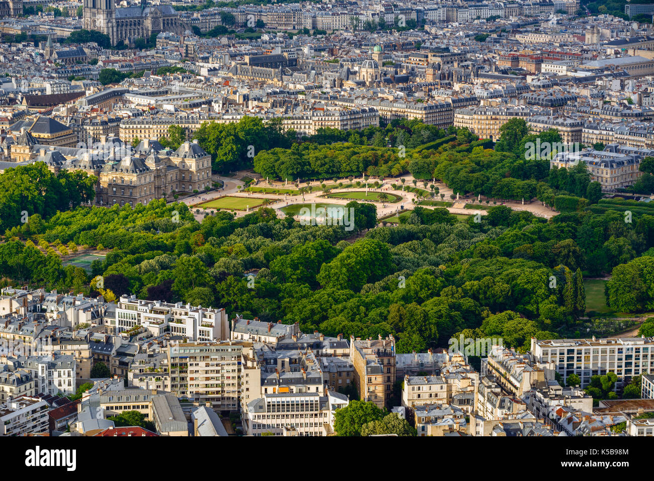 Vue aérienne de l'été sur le jardin du Luxembourg, Palais du Luxembourg et les toits dans le centre de Paris. 6ème arrondissement, Rive Gauche. France Banque D'Images