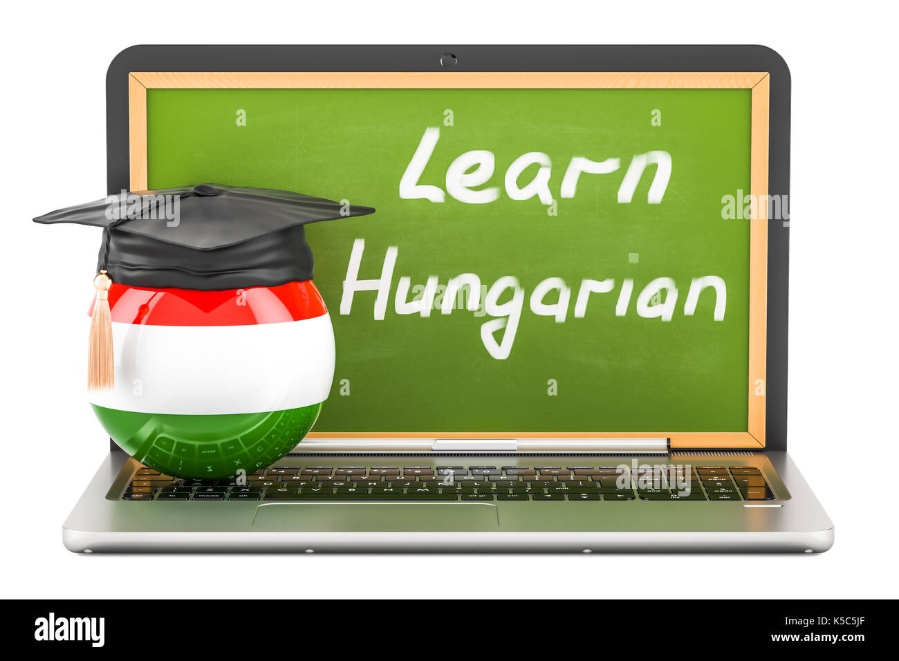 Apprendre le hongrois concept avec tableau noir pour ordinateur portable, graduation cap et d'un drapeau de la Hongrie, 3D Rendering Banque D'Images