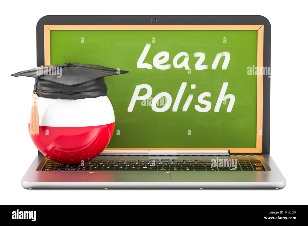 Apprendre le polonais concept avec tableau noir pour ordinateur portable, graduation cap et d'un drapeau de la Pologne, 3D Rendering Banque D'Images