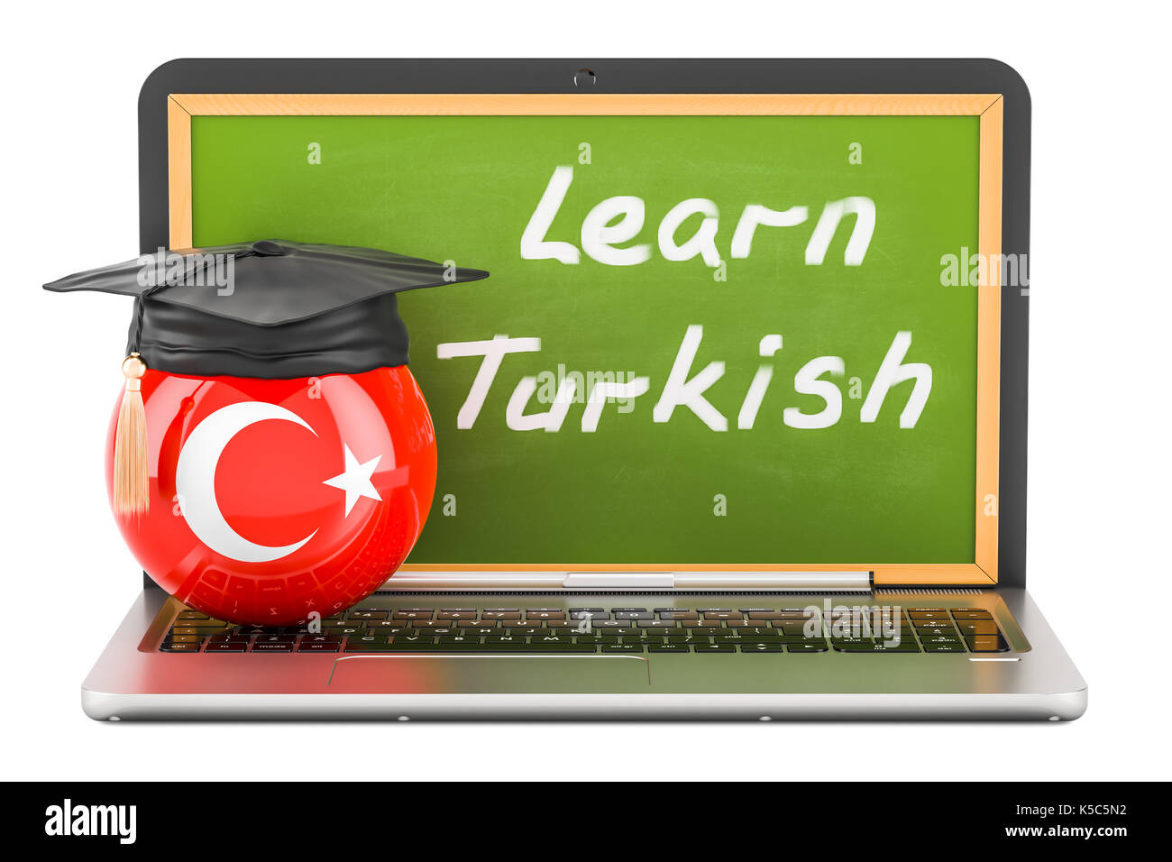 Apprendre le turc concept avec tableau noir pour ordinateur portable, graduation cap et d'un drapeau de la Turquie, rendu 3D Banque D'Images