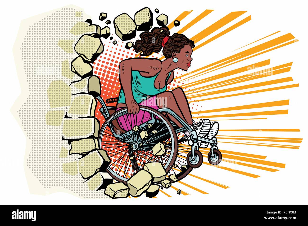 Femme noir sportif dans un fauteuil roulant les poinçons le mur Illustration de Vecteur