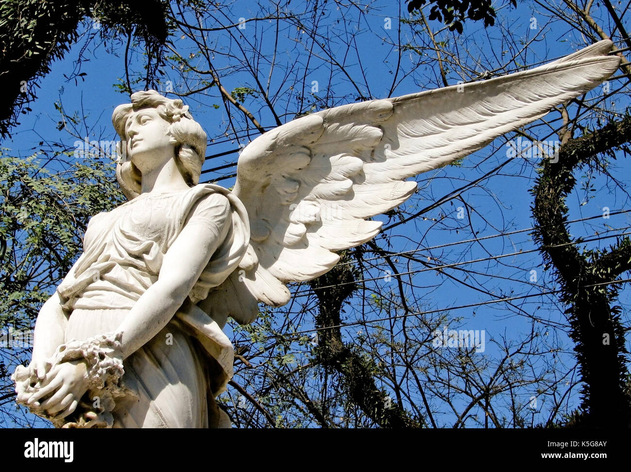 Sculpture en marbre blanc triste angel avec de longues ailes ouvertes sur l'image et contre un ciel bleu ensoleillé lumineux. sculpture mains tenant un cercle de fleur Banque D'Images
