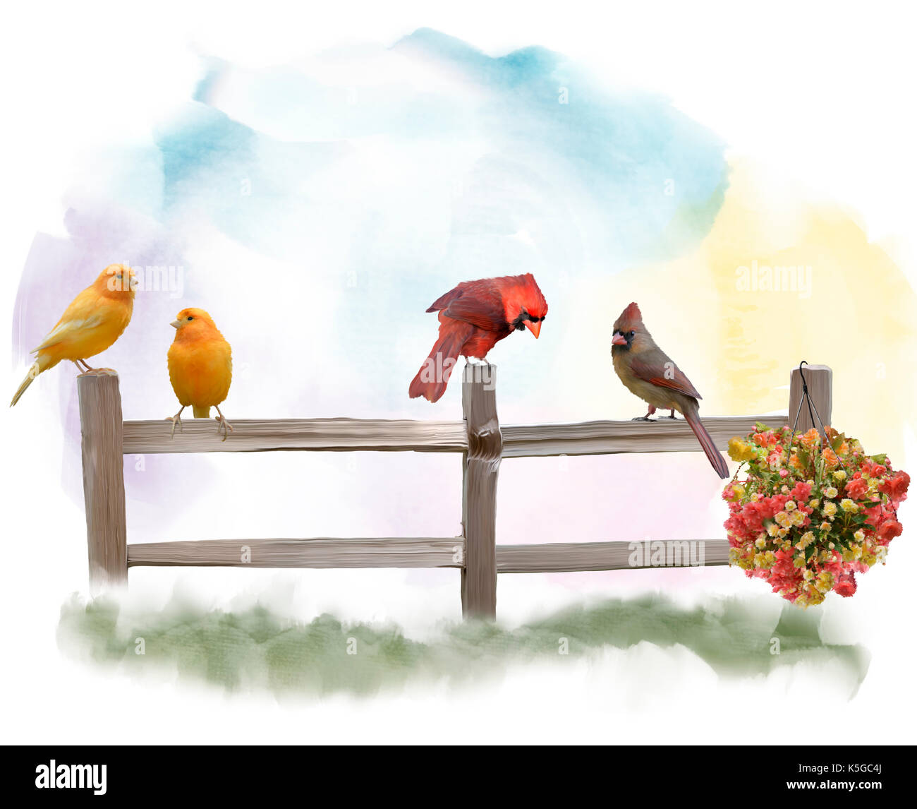 Peinture numérique d'oiseaux sur une clôture Banque D'Images