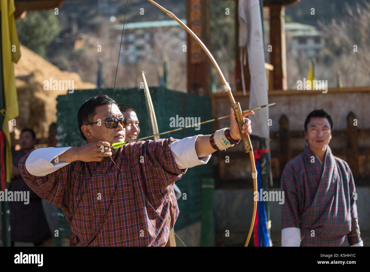 Archers à la compétition de tir à l'ouest, motifs à Thimphu, Bhoutan Banque D'Images