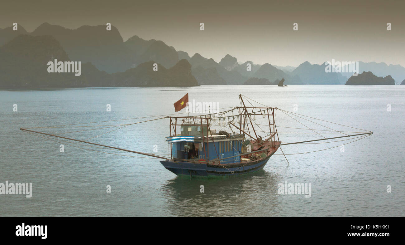 Les bateaux de pêche du calmar, des lumières vives sont brillait sur l'eau la nuit, cela attire les calmars à la surface, Halong Bay, Vietnam. Banque D'Images