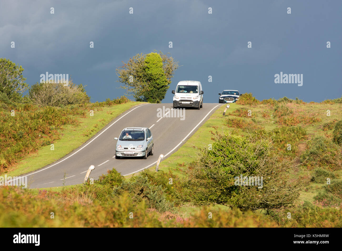Le trafic passant par un plongeon dans la rue sur la B3078 Roger Penny chemin traversant la Nouvelle Forêt de Cadnam à Fordingbridge, Hampshire, Royaume-Uni Banque D'Images
