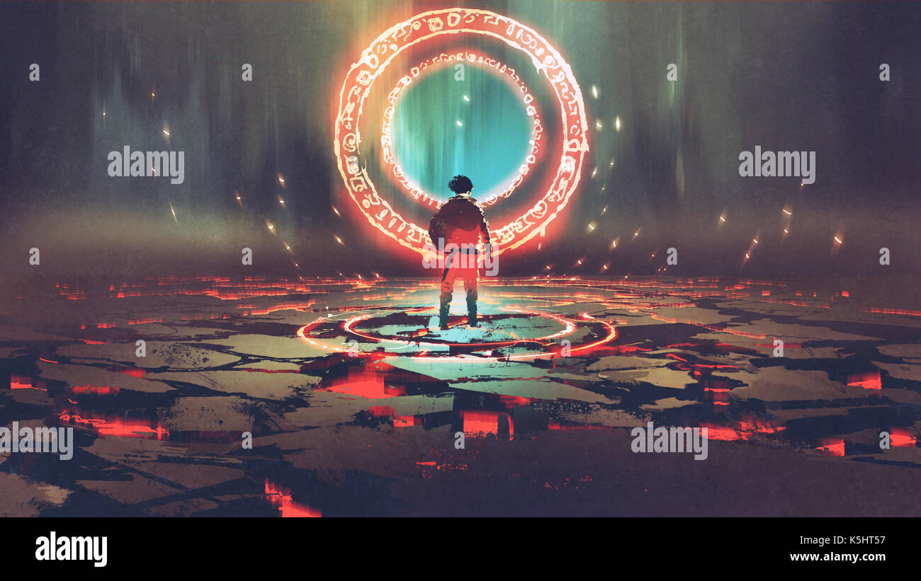 Homme debout en face de cercle magique, avec une lumière rouge, style art numérique, illustration peinture Banque D'Images