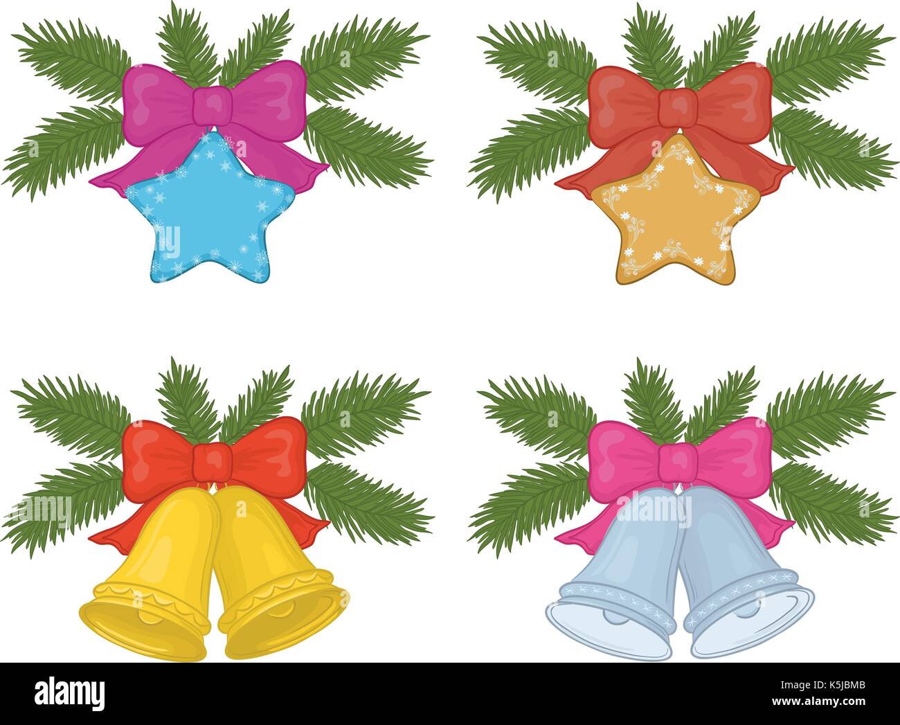 Décorations de Noël, set : Cloches et étoiles d'arcs et de branches de sapin vert vecteur. Illustration de Vecteur