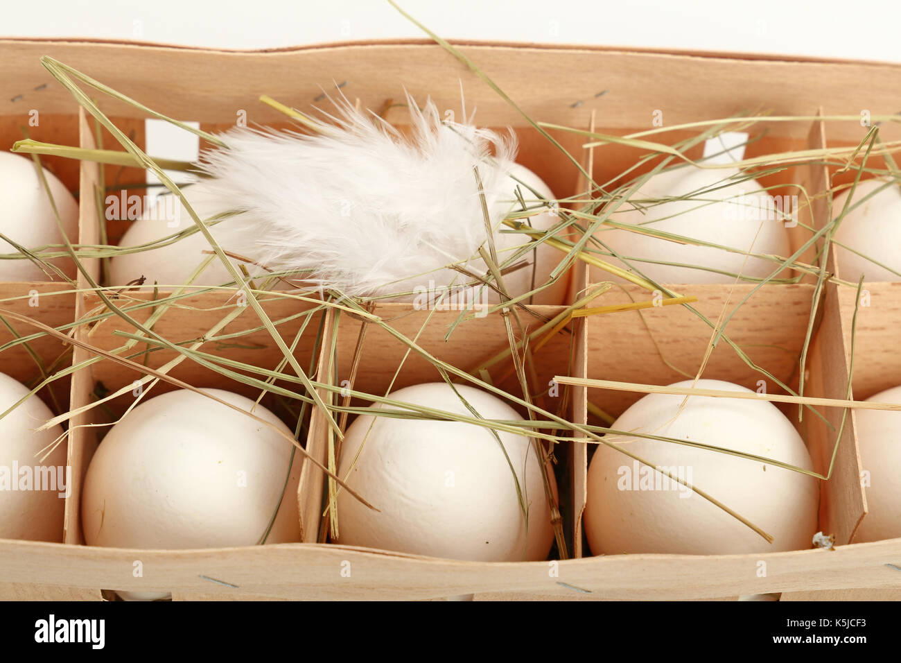 Frais de la ferme de 10 oeufs de poule de caisses en bois en boîte avec du foin et plume sur fond blanc, augmentation de la vue supérieure, juste au-dessus Banque D'Images