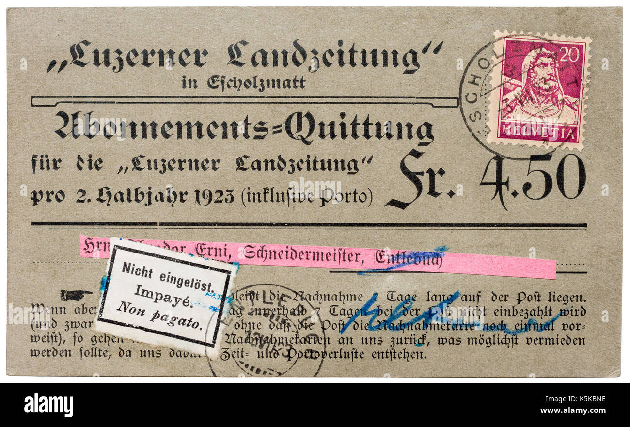 Carte postale suisse utilisé pour la facture d'abonnement magazine (mandat nachnahme) - Suisse. Banque D'Images