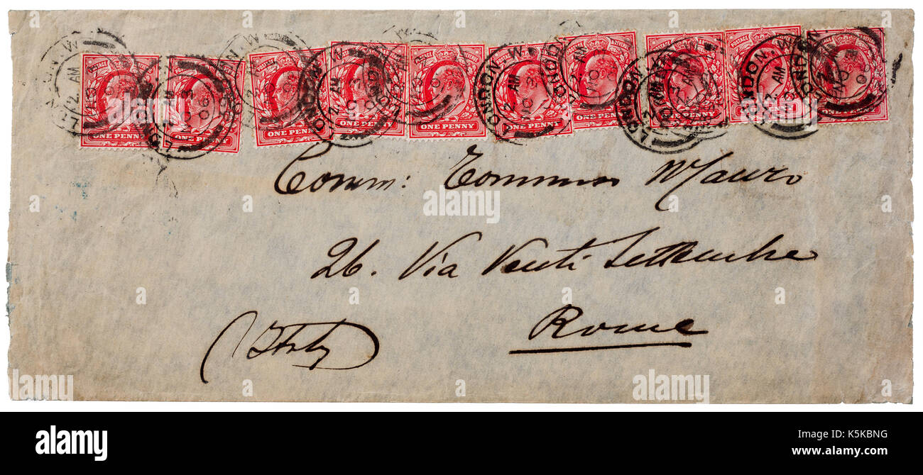 1906 uk enveloppe avec 10 King Edward VII 1d stamps adressée à Rome, Italie. Banque D'Images