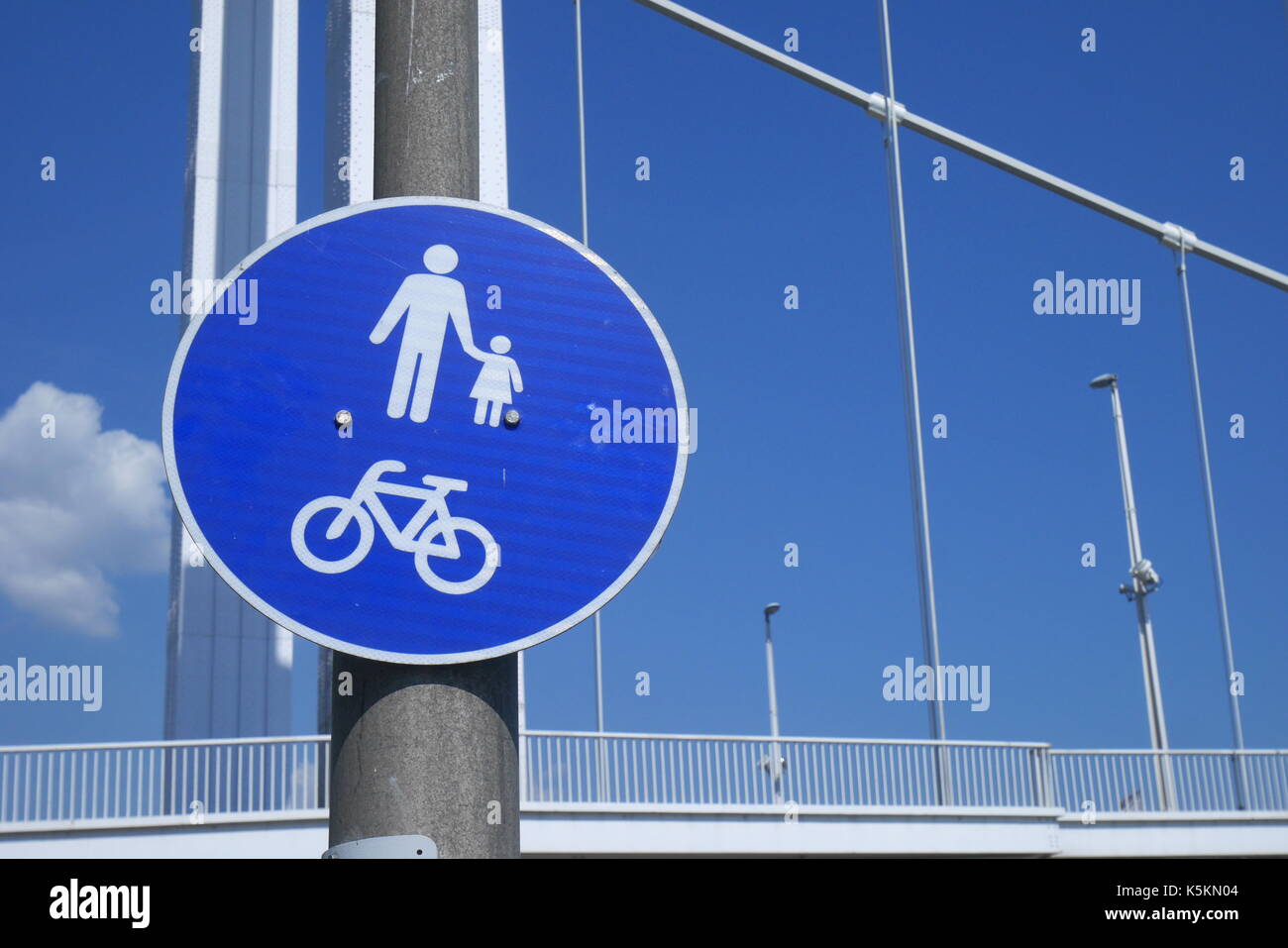 Panneau indiquant la route et pistes cyclables, piétons Pont Erzsebet derrière, Budapest, Hongrie Banque D'Images