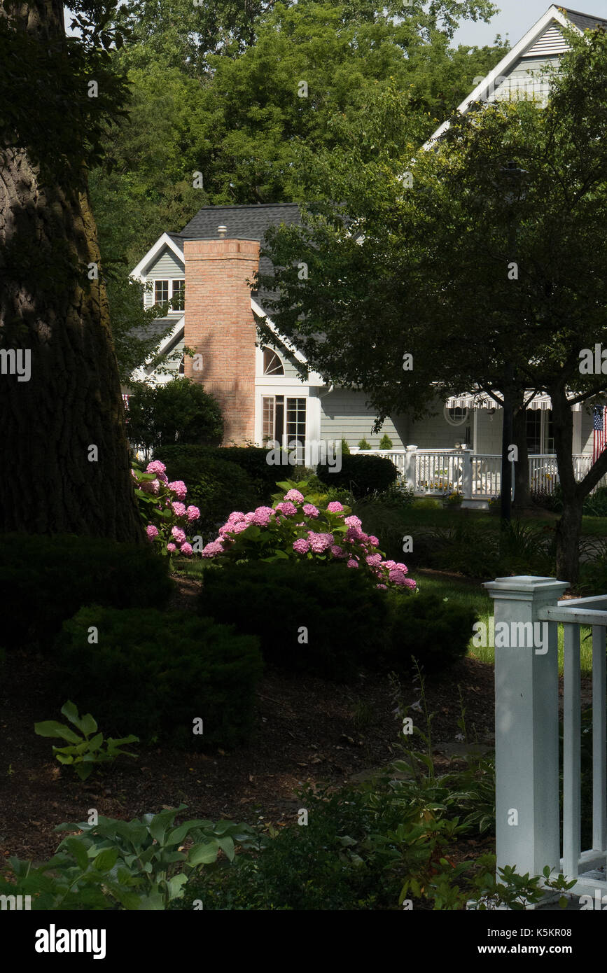 Suburban home parmi le feuillage. Banque D'Images