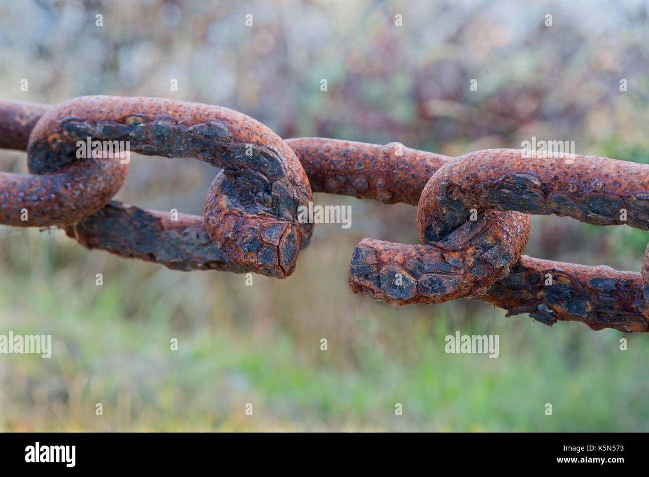 Connexion chaîne rouillée liens, exposés au climat côtier. Banque D'Images