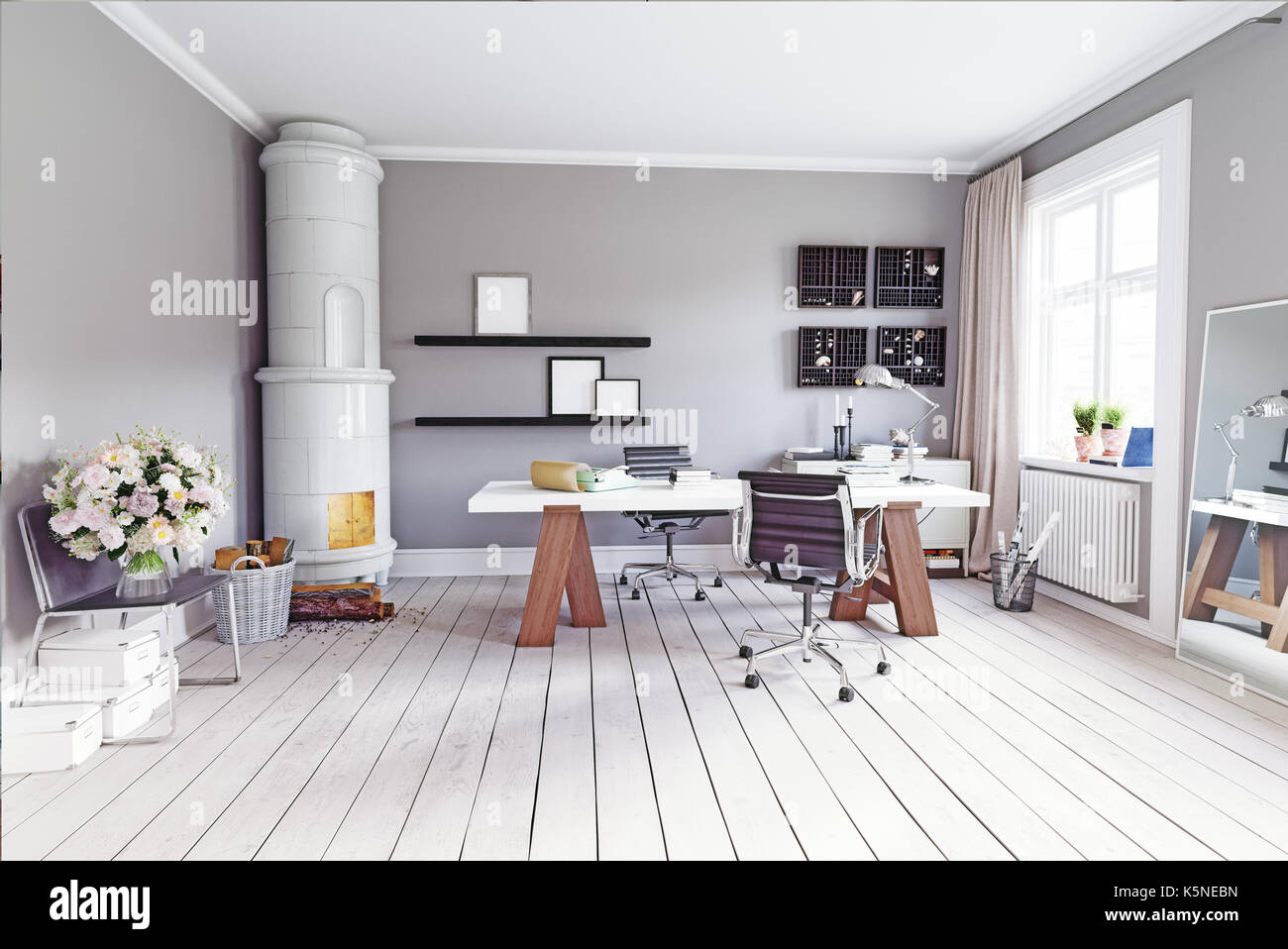 Salle d'étude moderne classique avec poele suédois, table et fauteuils. Concept 3D Rendering Banque D'Images