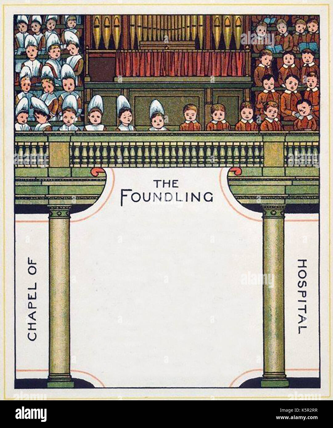 Une illustration couleur à partir d'un livre pour enfants victorien montrant des enfants dans la chapelle de l'hôpital Foundling, Londres Banque D'Images