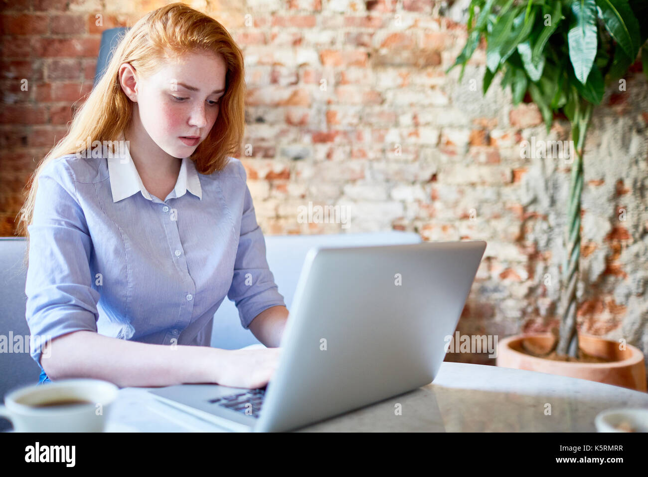 Jolie fille à tête rouge avec un ordinateur portable à des postes vacants dans le net Banque D'Images