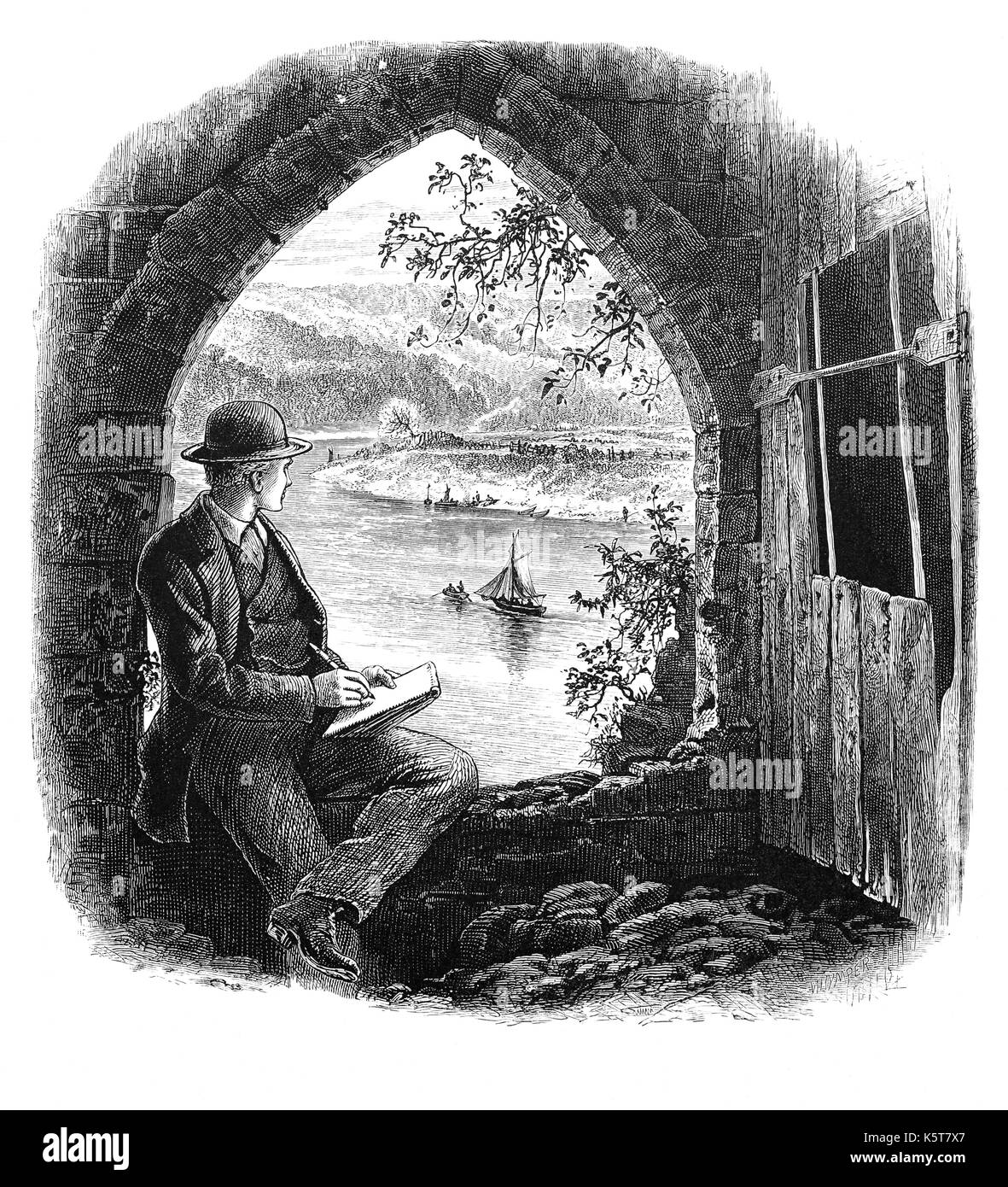 1870 : un artiste esquissant la rivière Wye à travers une porte du château de Chepstow à Chepstow, Monmoushshire, Pays de Galles du Sud. C'est la plus ancienne fortification de pierre post-romaine en Grande-Bretagne. Situé sur les falaises au-dessus de la rivière Wye, la construction a commencé en 1067 sous l'instruction du Seigneur Norman William fitzOsbern. Banque D'Images