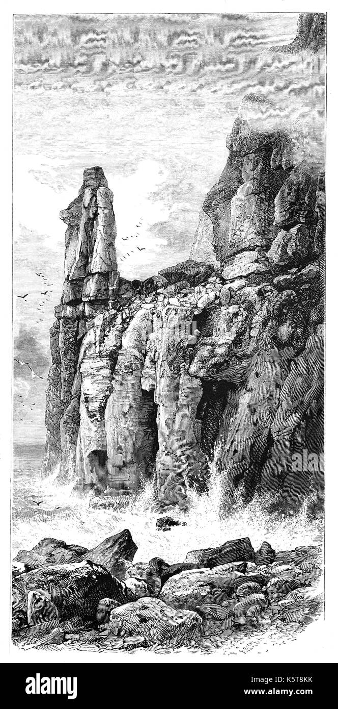 1870 : Un pinnicle sur la côte à St Govan ou St. Gowan Saint Govan était un ermite qui vivait dans une fissure sur le côté de la falaise côtière près de Bosherston, dans la région de Pembrokeshire, Pays de Galles du Sud. Govan's chapelle fut construite dans la fissure dans le 14e siècle. Banque D'Images