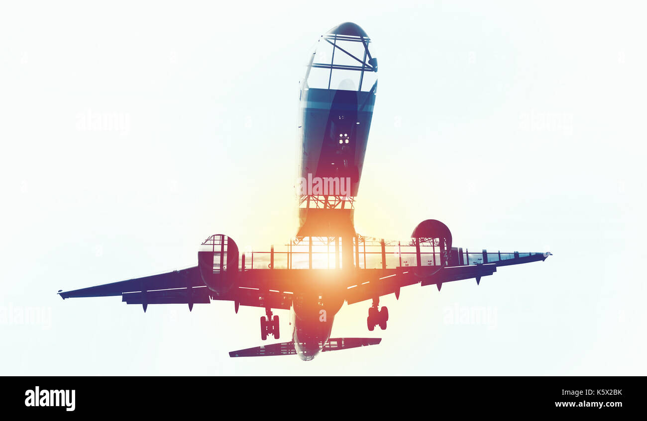 Décollage d'un aéronef, avec double exposition d'airport Banque D'Images