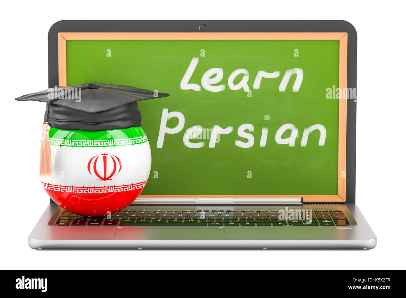 Apprendre le persan concept avec tableau noir pour ordinateur portable, graduation cap et du drapeau de l'Iran, 3D Rendering Banque D'Images