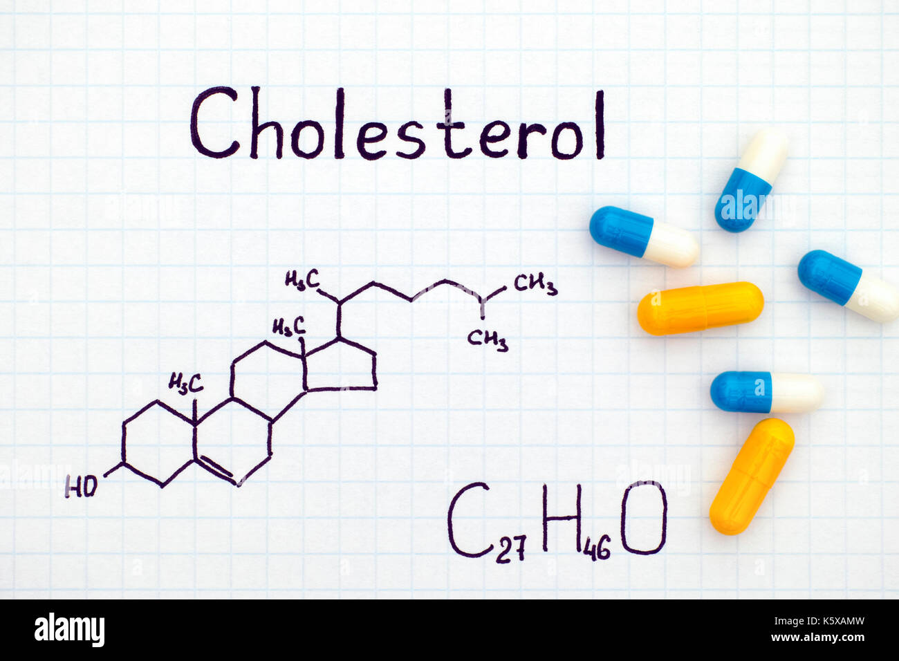 Formule chimique du cholestérol avec certaines pilules. close-up. Banque D'Images