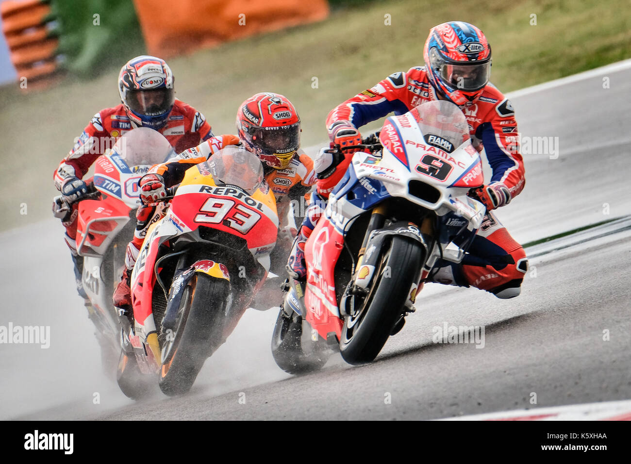 9 Danilo Petrucci (Italie), octo Pramac Racing Team Ducati, Ducati Desmosedici GP16, machine 93 Marc Márquez (Espagne), l'homme de l'équipe Repsol Honda, Honda RC213v machine, et 04 Andrea Dovizioso (Italie), l'équipe ducati, Ducati Desmosedici GP17 machine, gran premio tribul mastercard di San marino e della riviera di Rimini, action pendant la course motogp au Marco Simoncelli world circuit pour la 13e ronde de championnat du monde motogp, du 8 au 10 septembre 2017 à Misano Adriatico (RSM) Banque D'Images