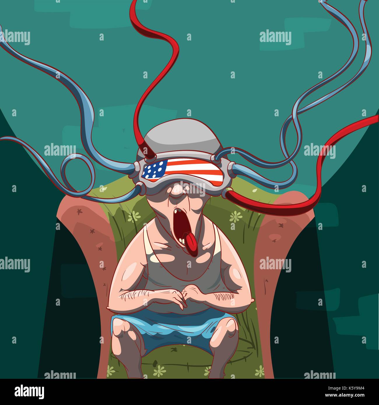 Colorful vector illustration d'un homme, un lavage de cerveau par la propagande avec un appareil de réalité virtuelle sur la tête, regardant les médias sociaux Illustration de Vecteur