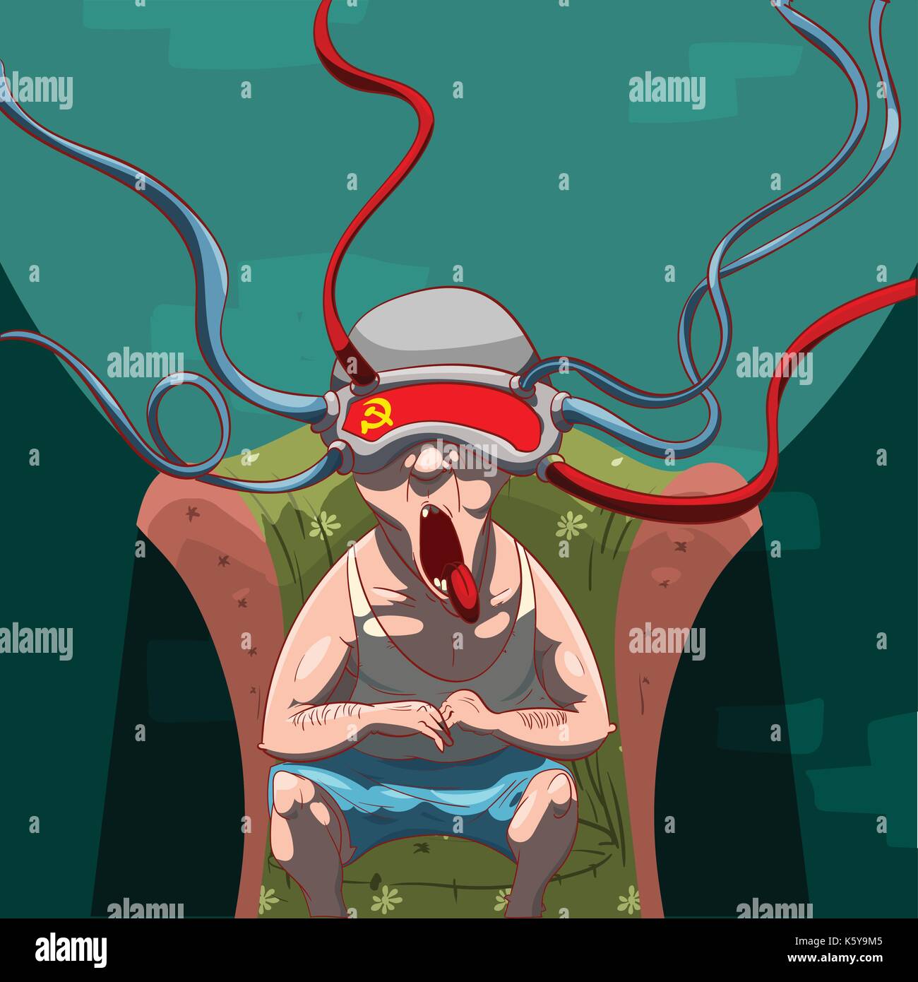Colorful vector illustration d'un homme, un lavage de cerveau par la propagande avec un appareil de réalité virtuelle sur la tête, regardant les médias sociaux Illustration de Vecteur