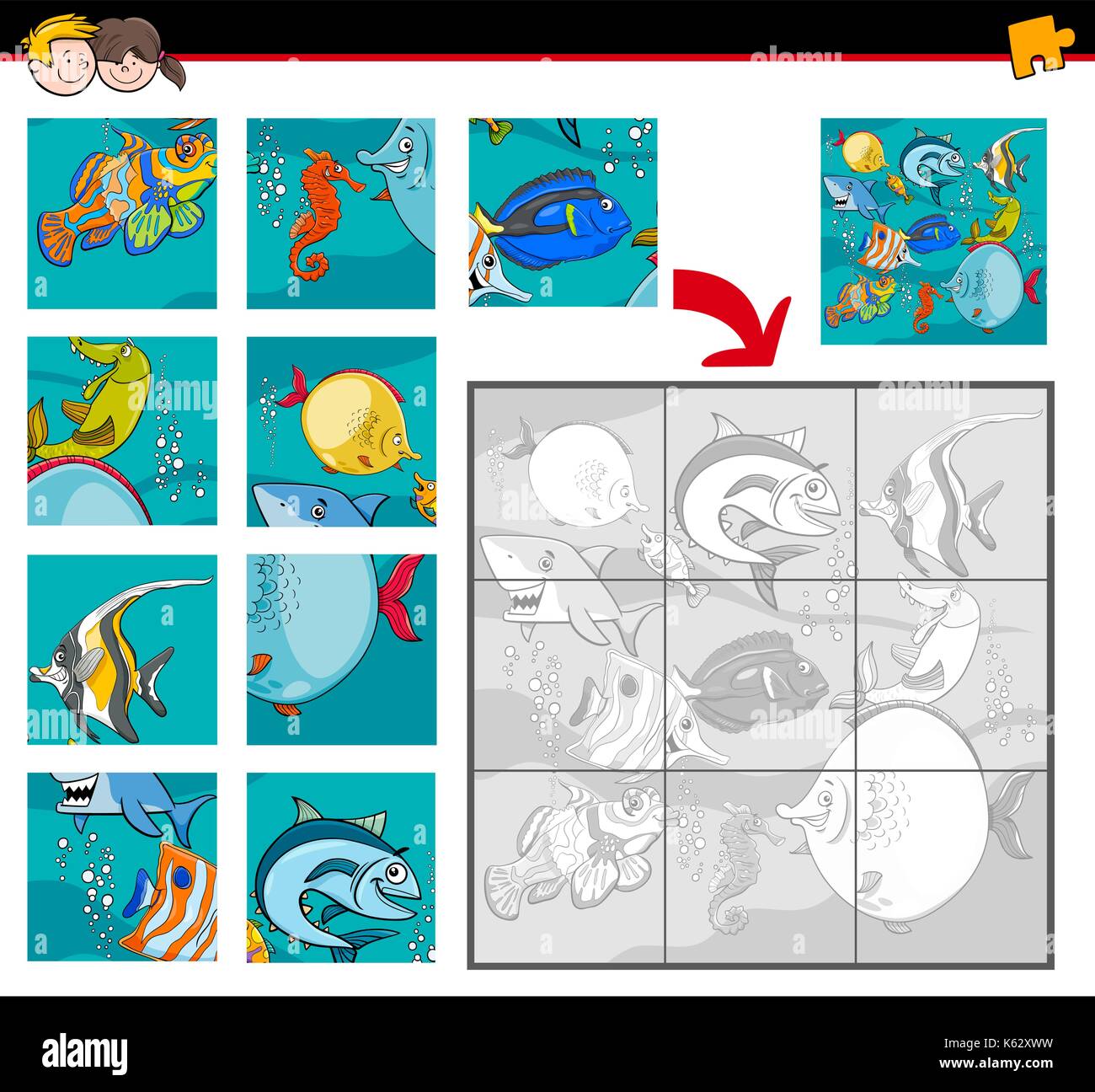 Cartoon illustration de l'activité pédagogique puzzle jeu pour les enfants avec des poissons et cétacés caractères animaux Illustration de Vecteur