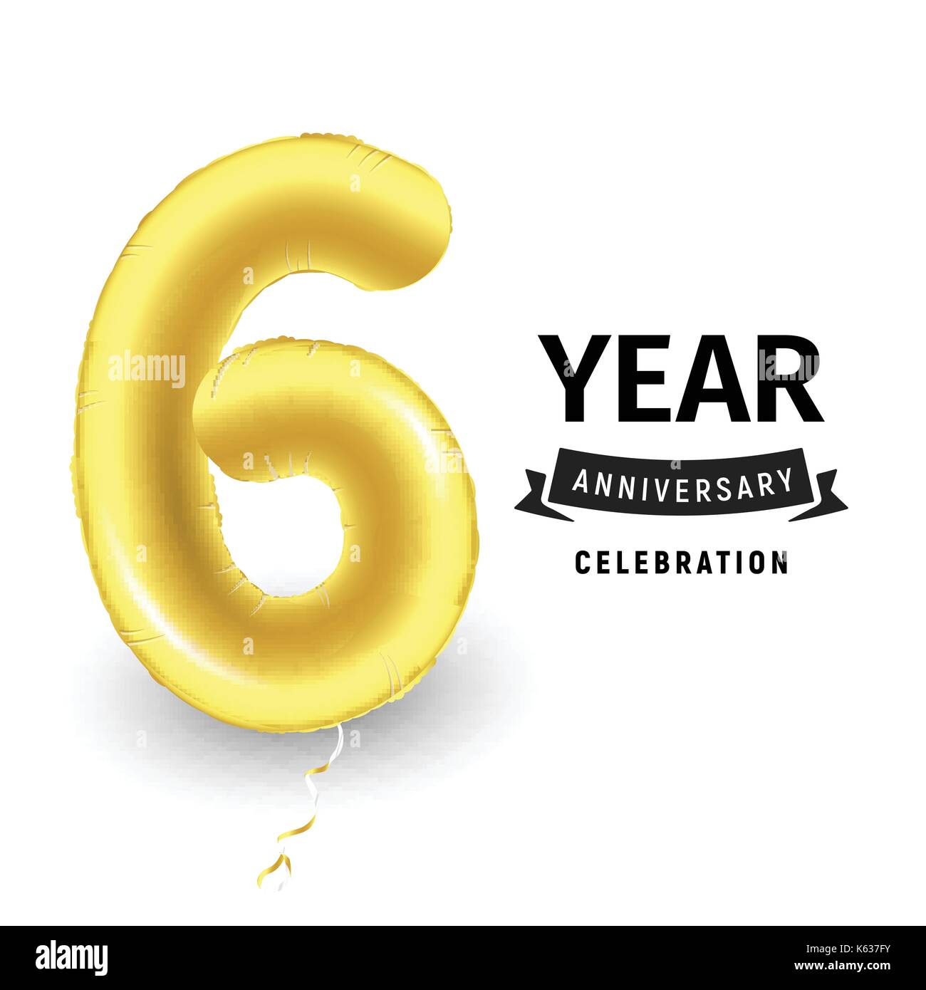 Golden Ball gonflable un an avec symbole 6. vector illustration ou une affiche pour célébrer la sixième anniversaire d'un enfant, d'affaires, anniversaire. Illustration de Vecteur