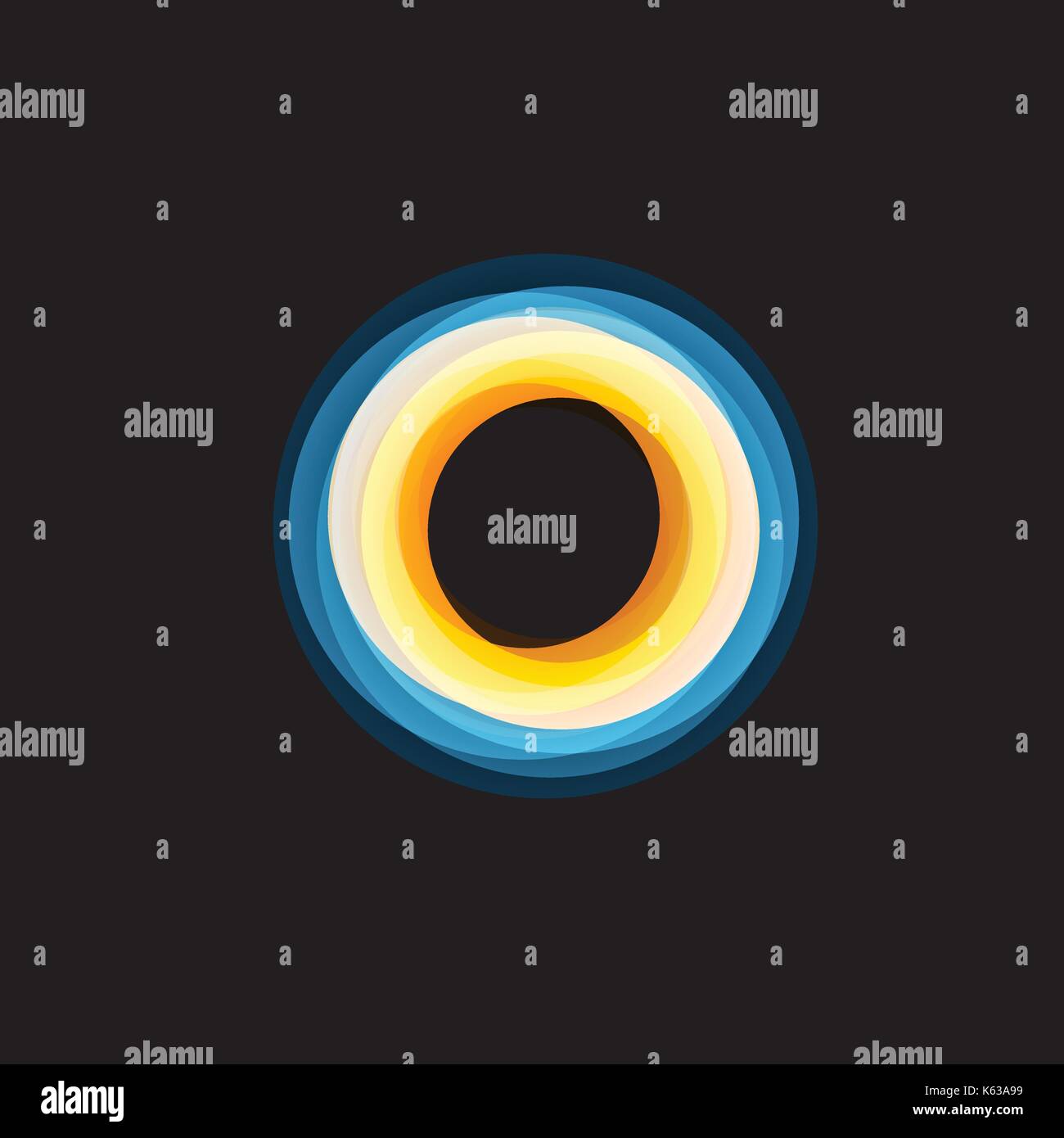 Entonnoir isolés logo abstrait et linéaire forme inhabituelle, ligne circulaire logotype. arceaux lumineux, bagues, roue illustration graphique sur le fond noir. Illustration de Vecteur