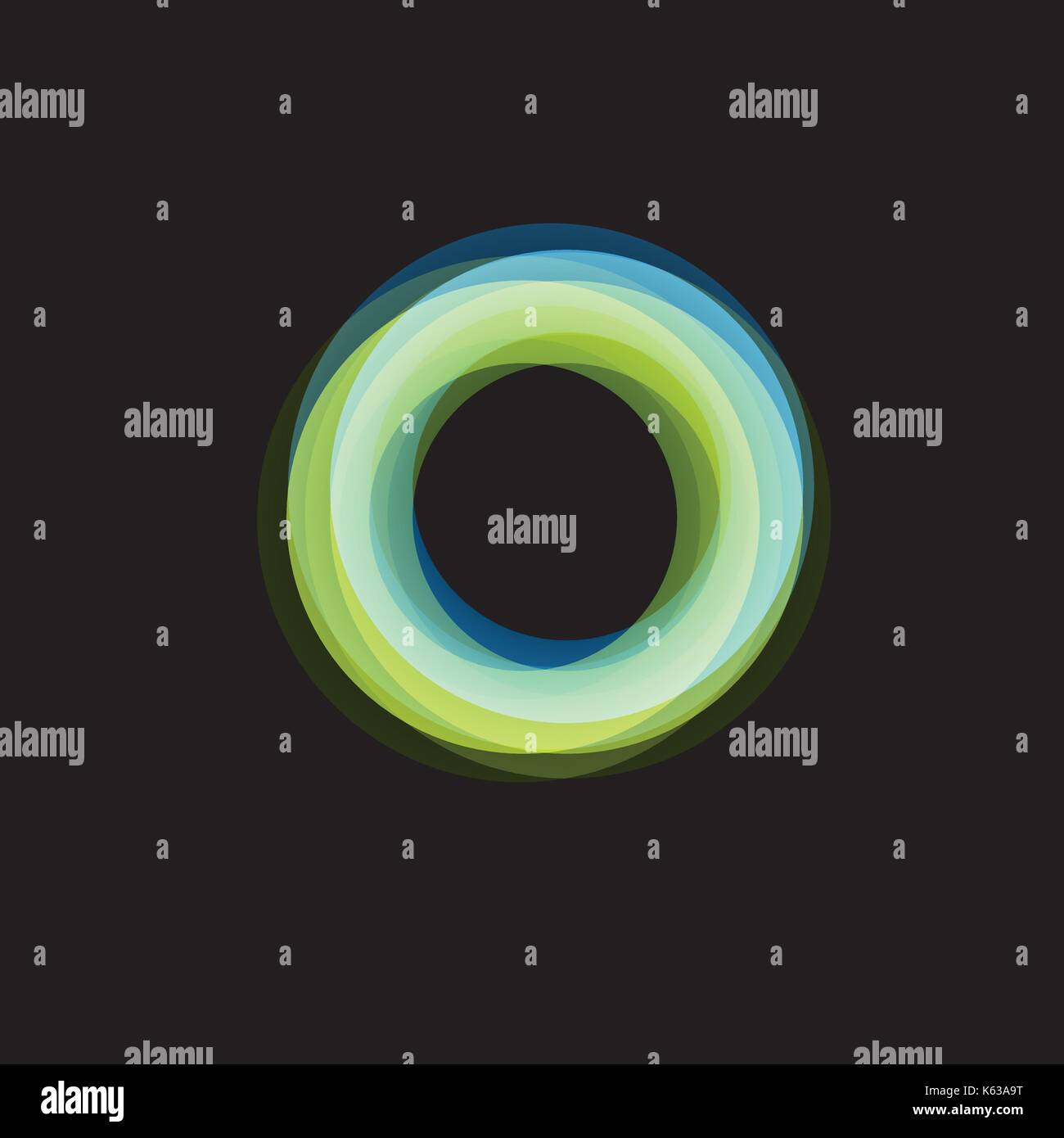 Entonnoir isolés logo abstrait et linéaire forme inhabituelle, ligne circulaire logotype. arceaux lumineux, bagues, roue illustration graphique sur le fond noir. Illustration de Vecteur