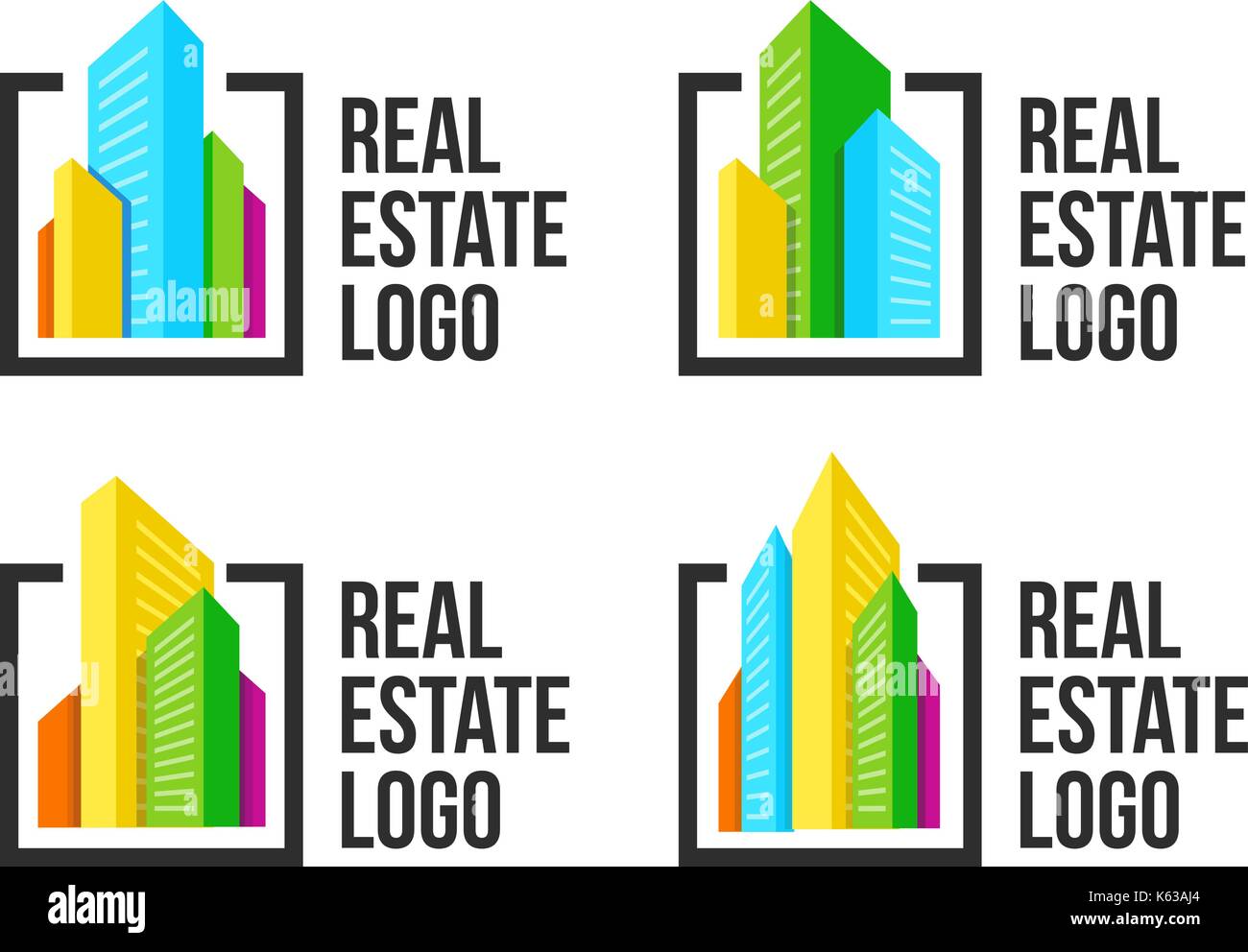 Logo couleur paysage urbain situé dans cadre noir. nouveaux bâtiments logotype. agence immobilière inscrivez-modèle. Illustration de Vecteur