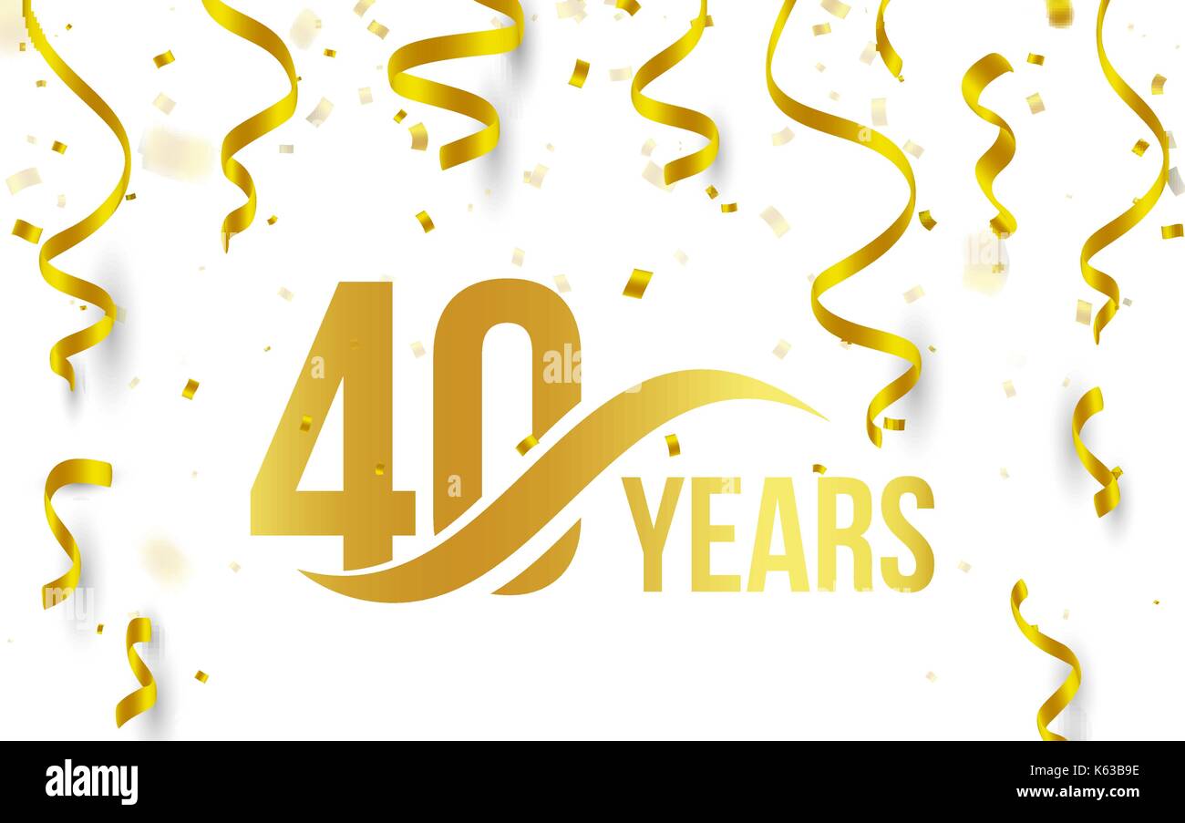 Numéro de couleur or isolé avec 40 ans mot icône sur fond blanc avec la chute de confettis et de rubans d'or, 40e anniversaire message d'anniversaire logo, élément de la carte, vector illustration Illustration de Vecteur