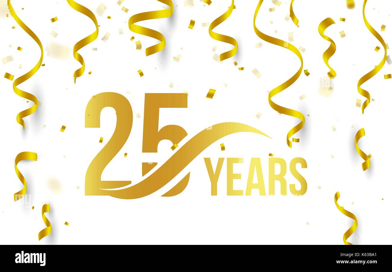 Numero De Couleur Or Isole Avec 25 Ans Mot Icone Sur Fond Blanc Avec La Chute De Confettis Et De Rubans D Or 25e Anniversaire Message D Anniversaire Logo Element De La Carte Vector