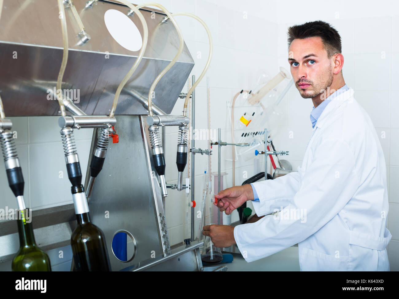 Jeune homme attentionné russe de faire des tests en laboratoire de fabrication du vin Banque D'Images