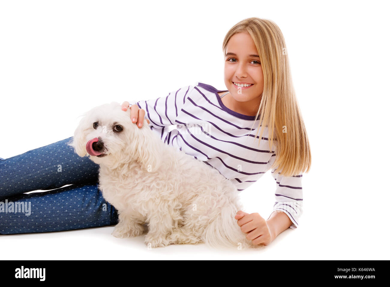 Heureux belle fille portant sur le plancher avec chien maltais,isolated over white background Banque D'Images