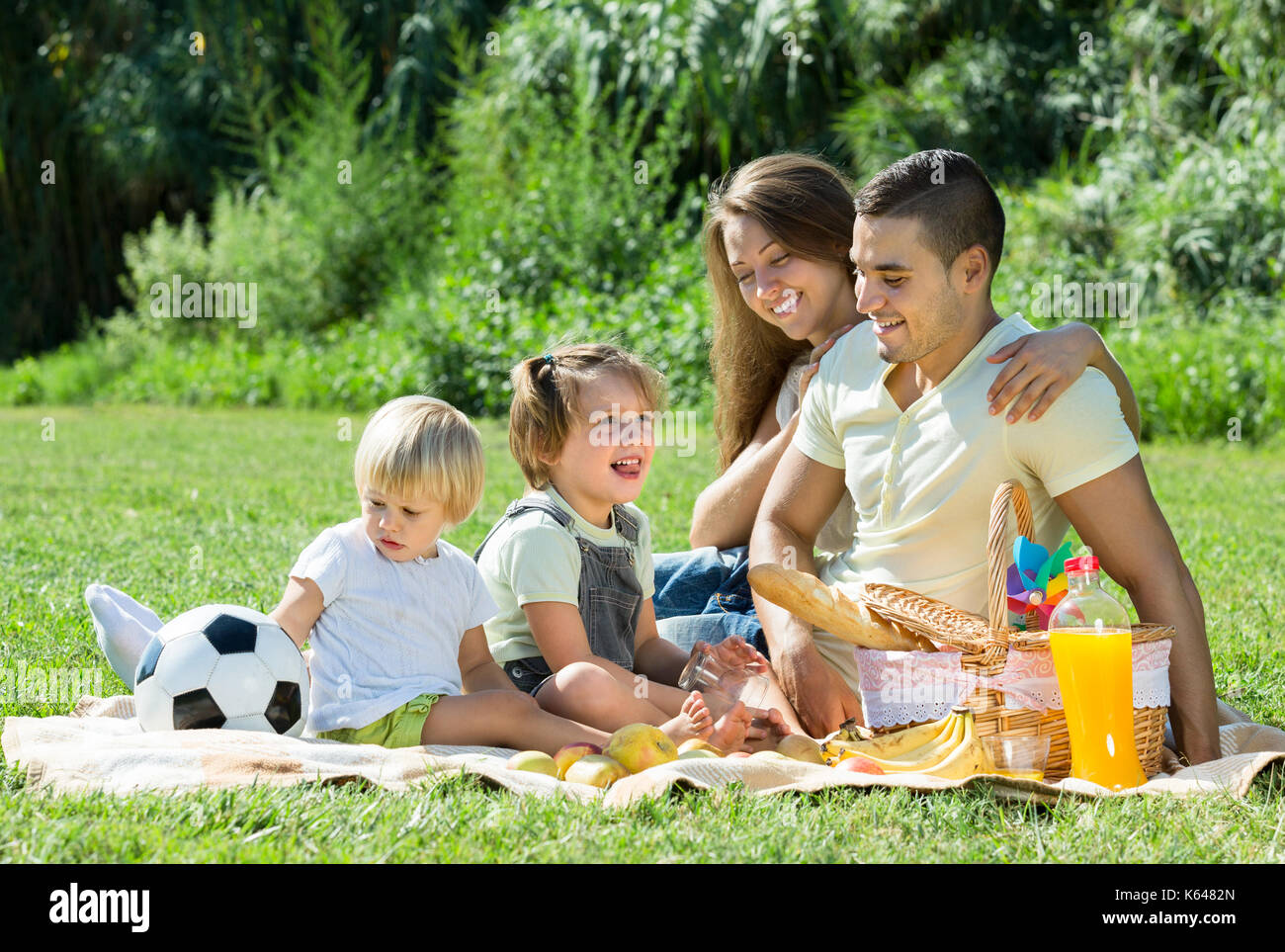 Happy smiling family of four having picnic à Meadow Banque D'Images