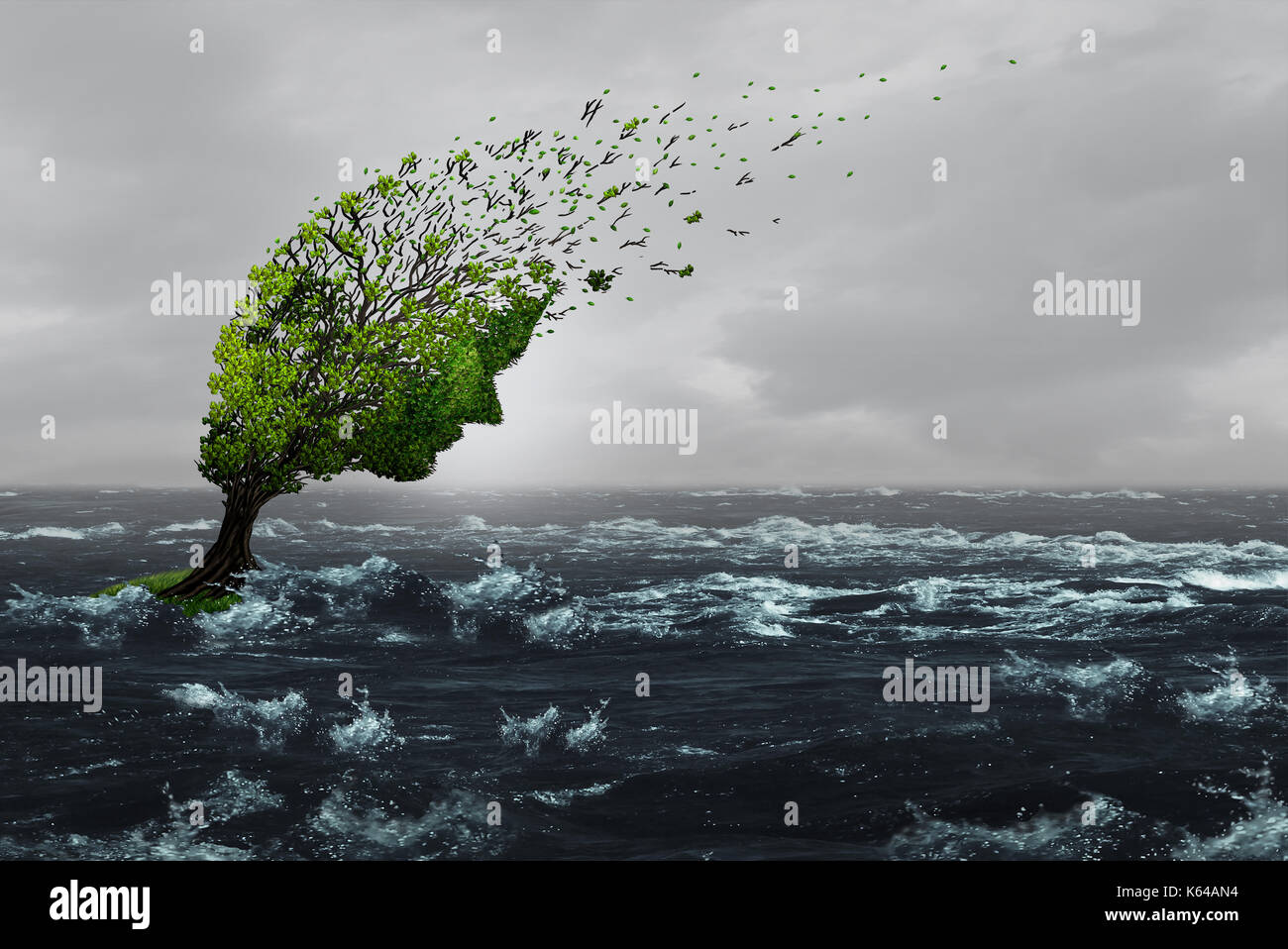 Survivre à une tempête comme un arbre a souligné battues soufflée par des vents violents dans les eaux de crue comme une métaphore de l'abus de l'angoisse ou de résister. Banque D'Images