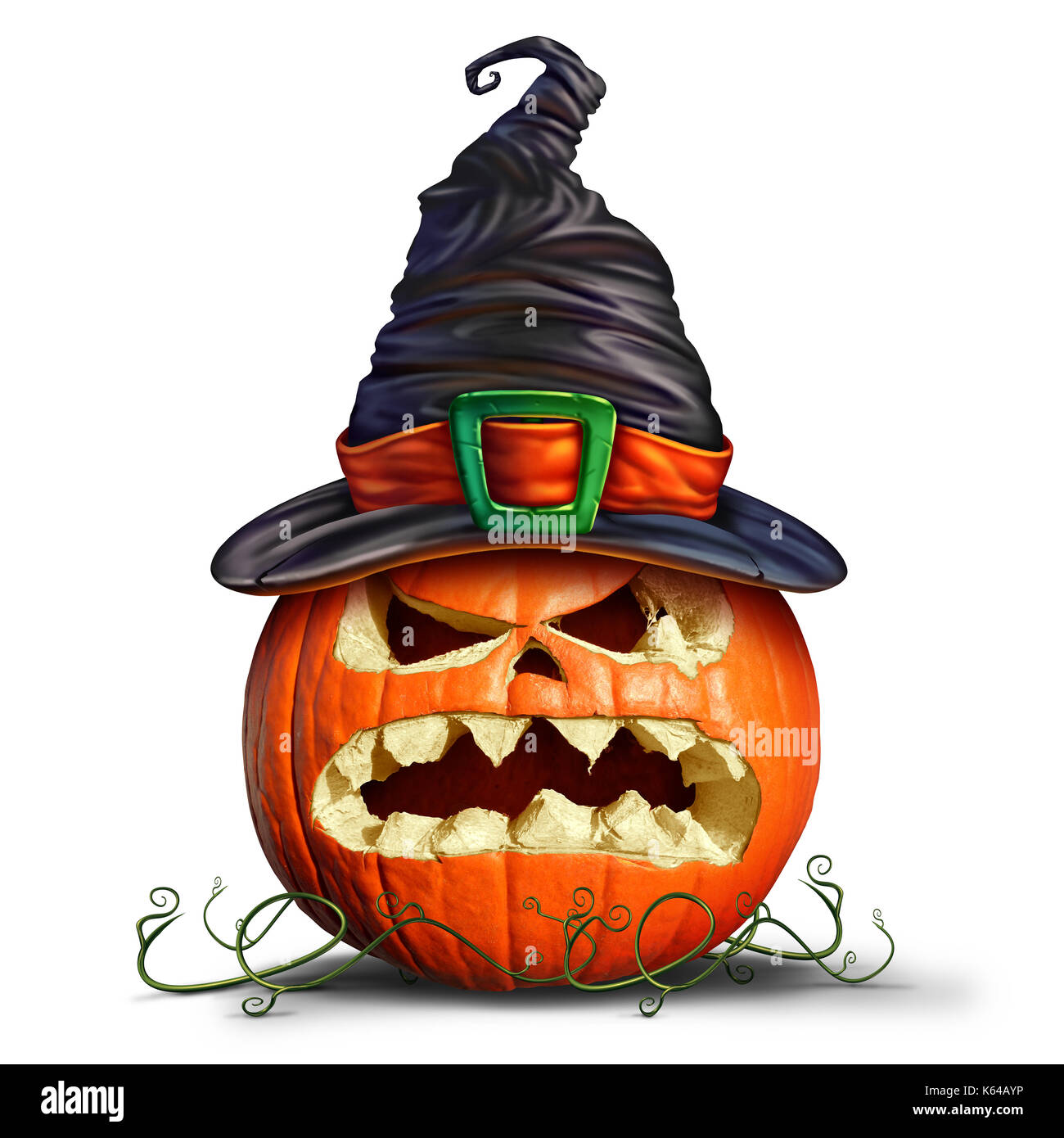 Pumpkin portant un chapeau de sorcière comme un monstre orange avec un caractère effrayant sur un fond blanc comme un concept d'automne et d'un symbole. Banque D'Images