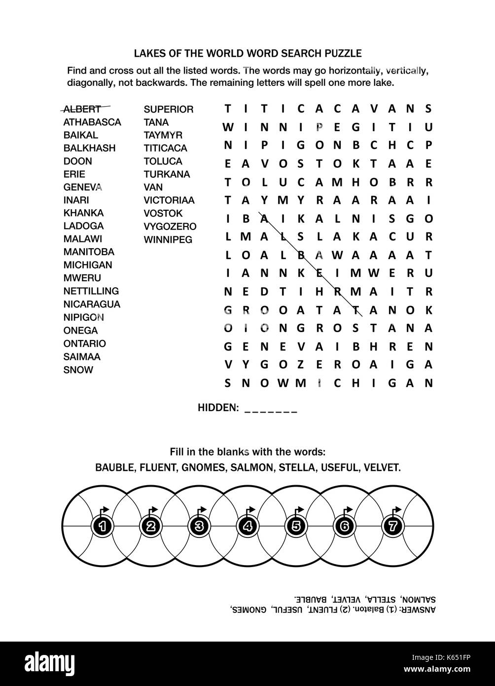 Puzzle page avec deux jeux de mots (en anglais). lacs du monde mots mystères et remplir les roues. noir et blanc, a4 ou lettre. Illustration de Vecteur