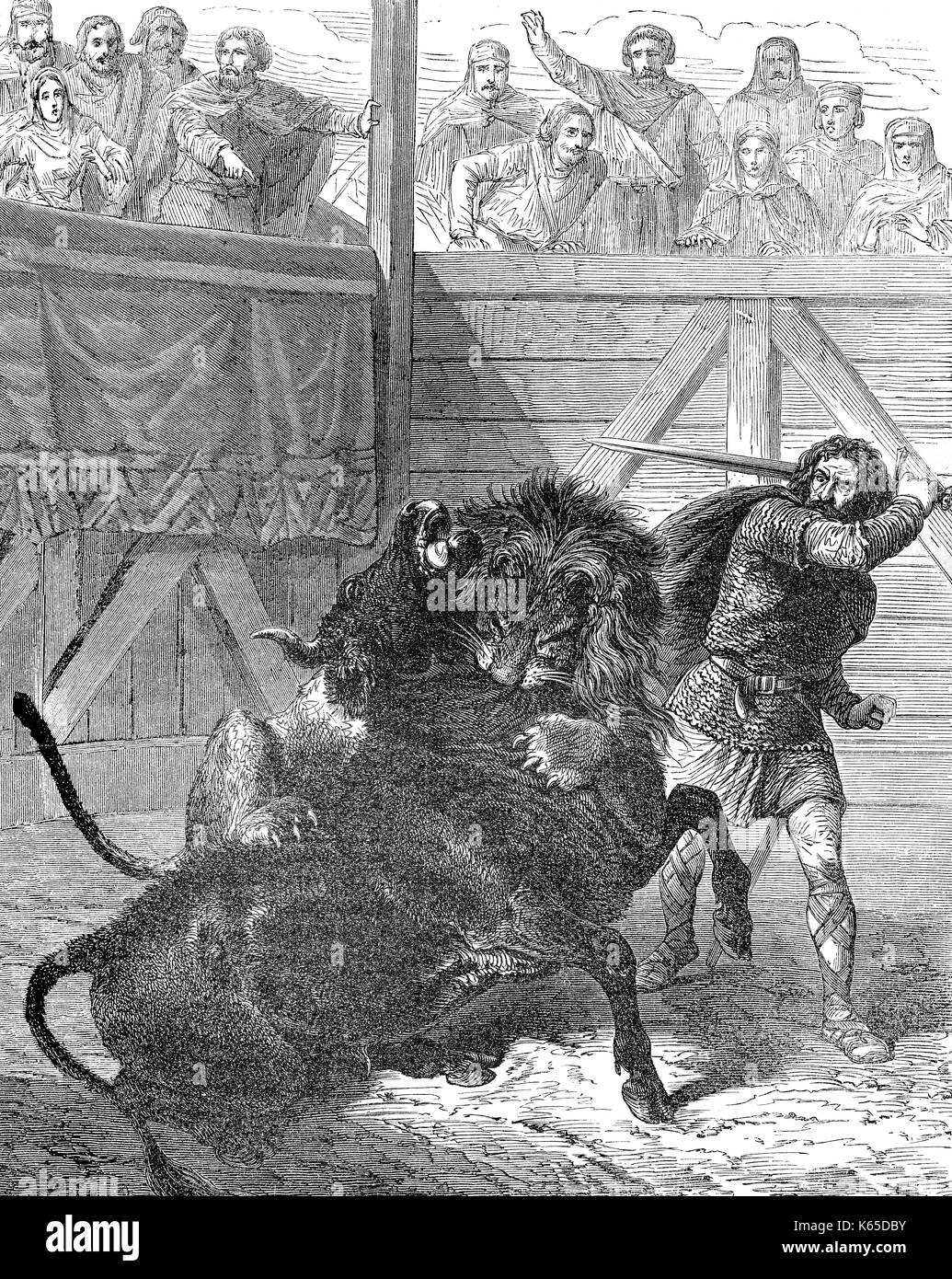 Pépin le Bref ou Pépin le Jeune, tuant un lion, histoire de Gesta Caroli Magni par Notker le Bègue Banque D'Images