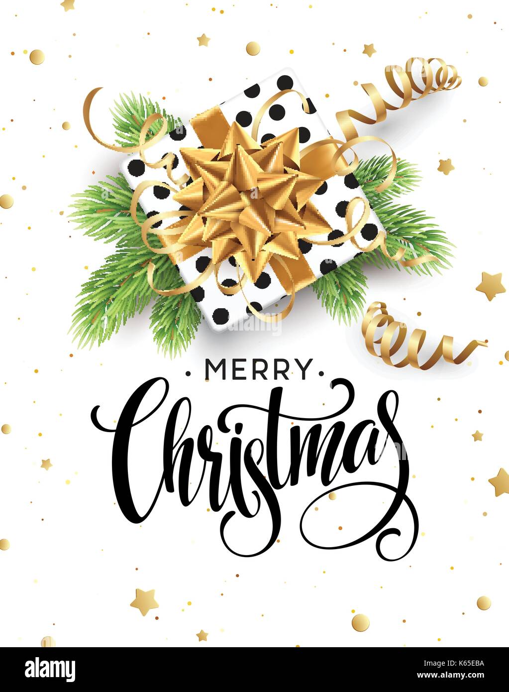 Fond de noël avec boîte-cadeau avec gold bow, banderoles, confetti, une branche d'arbre de Noël. modèle de carte postale, brochure, prospectus, affiches. vector illustration Illustration de Vecteur