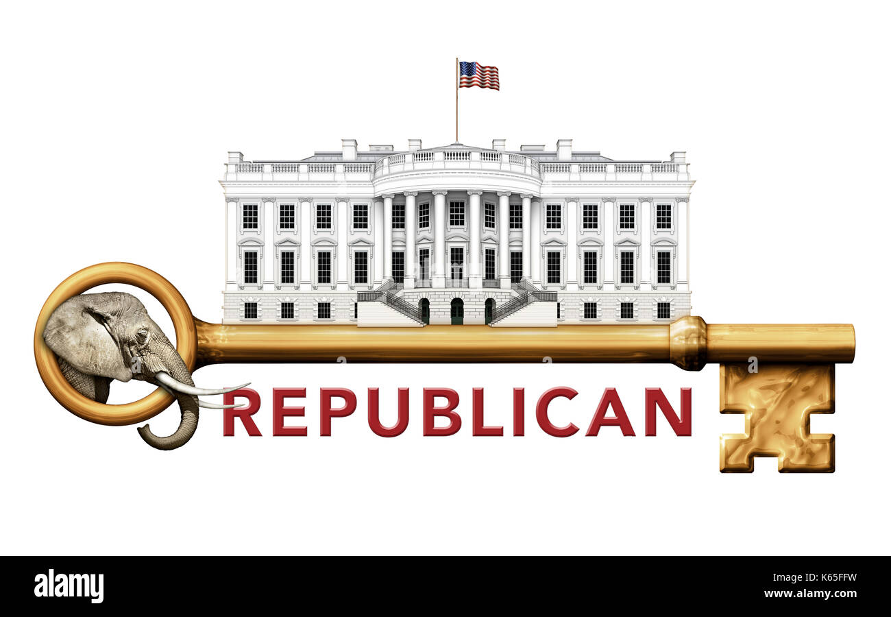 Illustration numérique de la Maison Blanche, une clé de squelette, et un éléphant représentant le parti républicain. Banque D'Images