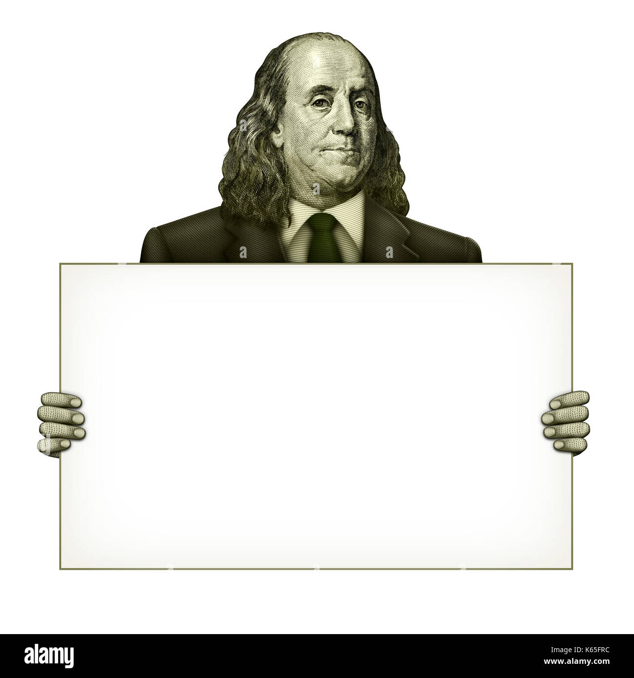 Illustration d'un blank sign étant détenu par Benjamin Franklin de l'one hundred dollar bill. Banque D'Images